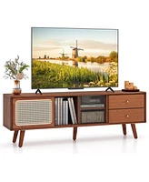 Costway Bamboo Tv Stand Console Table with Pe Rattan Door & 2 Drawers for up to 65"