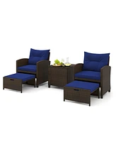 Gouun 5 Pieces Patio Rattan Furniture with 2 Ottomans and Tempered Glass Table