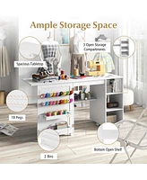 Costway Folding Sewing Table with Storage Shelves 2 Storage Bins & 18 Pegs Lockable Casters