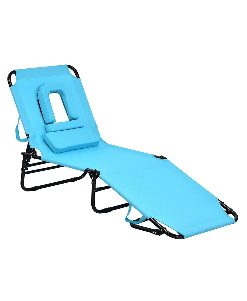 Sugift Outdoor Folding Chaise Lounger with Hand Rope and Detachable Pillow