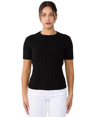 Jennie Liu Women's 70% Wool 30% Cashmere Chuncky Cable-knit Crewneck Short Sleeve Sweater