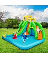 Gymax Inflatable Water Park Bounce House Two-Slide Bouncer w/ Climbing Wall & 550W Blower