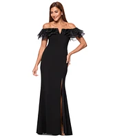 Xscape Women's Ruffled Off-The-Shoulder Side-Slit Gown