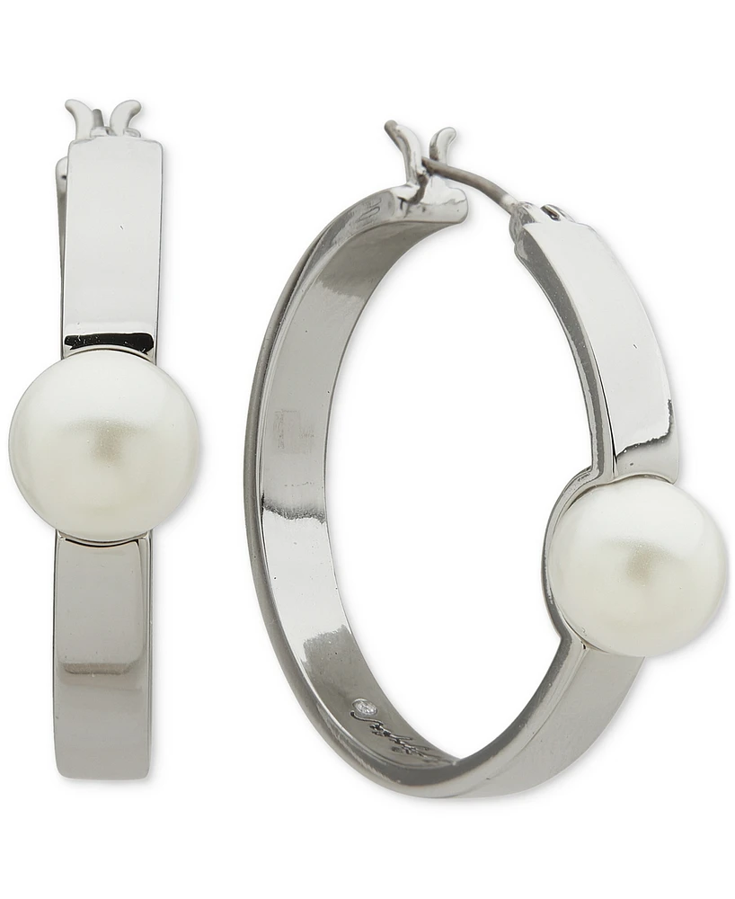 Karl Lagerfeld Paris Silver-Tone Imitation Pearl Small Hoop Earrings, 1"