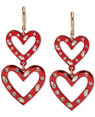 Karl Lagerfeld Paris Gold-Tone Mixed Cut Stone Red Resin Double Heart Drop Earrings