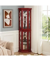 Slickblue Lighted Corner Curio Cabinet with Glass Display Shelves & Tempered Glass Door Elegant Storage Solution