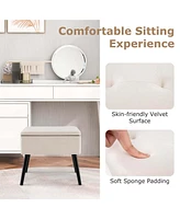 Costway 2 Pcs Velvet Vanity Stool Ottoman with Storage Solid Wood Legs Flip-Up Top