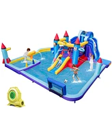 Costway Rocket Theme Inflatable Water Slide Park with 2 Slides Splash Pool & 950W Blower