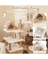 Costway 60" Tall Solid Wood Cat Tree with 2 Perches Condo Jute Scratching Posts Sisal Rope