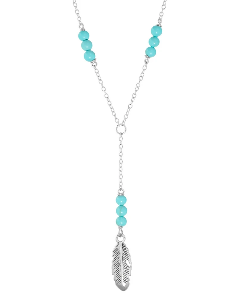 Simulated Turquoise Feather Lariat Necklace in Sterling Silver, 16" + 2" extender