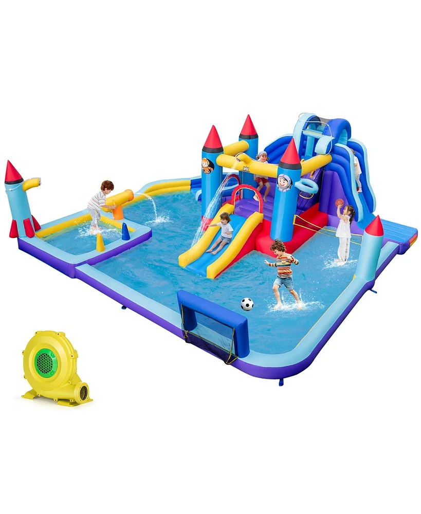 Costway Rocket Theme Inflatable Water Slide Park with 2 Slides Splash Pool & 1100W Blower