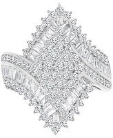 Cubic Zirconia Round & Baguette Cluster Statement Ring in Sterling Silver
