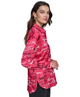 Karl Lagerfeld Paris Women's Satin Printed Oversized Button-Front Top