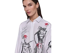 Karl Lagerfeld Paris Women's Cotton Poplin Sketch Girl Button-Front Top