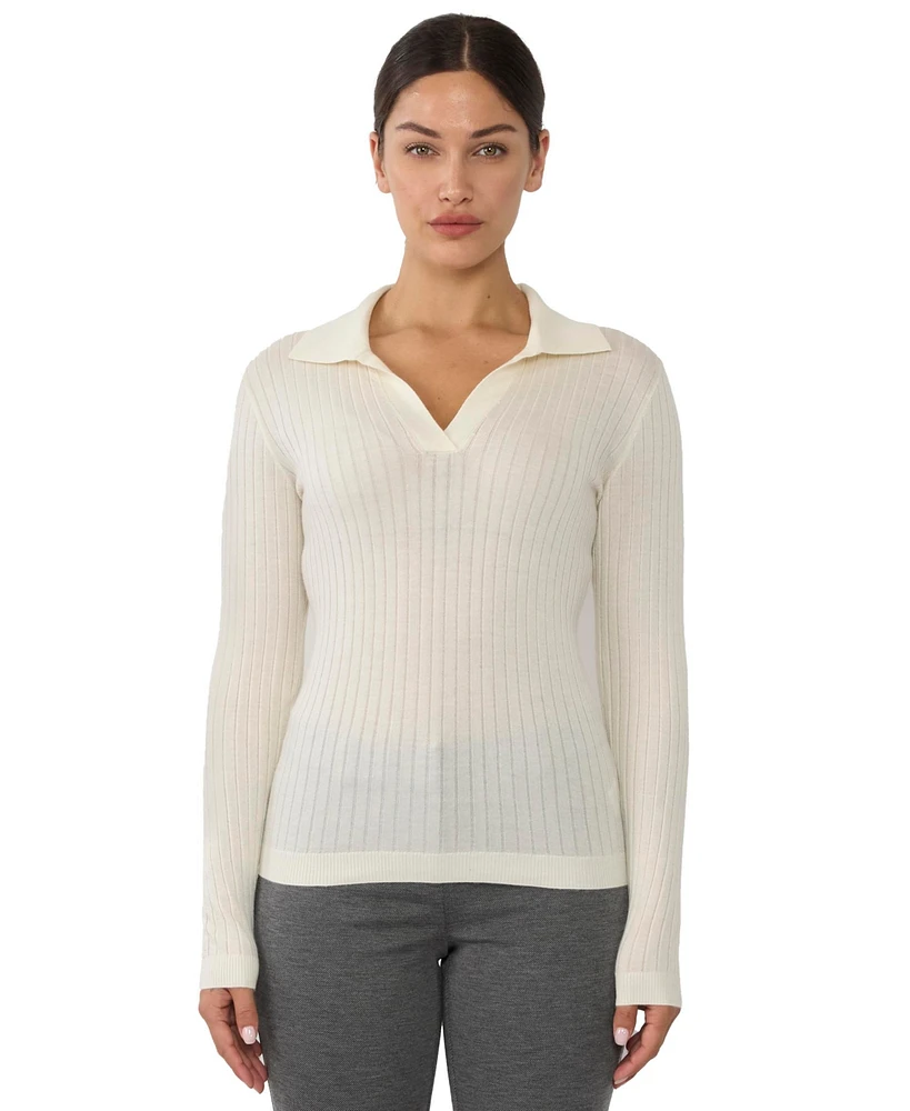 Jennie Liu Women's Tissue Weight Cashmere Silk Rib-knit Johnny Collar Polo Sweater