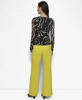 Dkny Petite Printed Mesh Long Sleeve Top Pintuck Flare Leg Pants