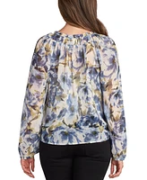 Bcx Juniors' Sheer-Print Long-Sleeve Button-Front Blouse