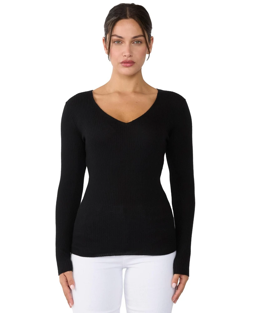 Jennie Liu Women's 100% Cashmere V-Neck Sweater | Ribbed Tissue Weight Sweaters