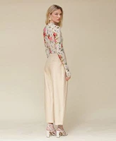 Avec Les Filles Womens Wildflower Printed Long Sleeve Mesh Top Faux Leather Darted Waist Pants