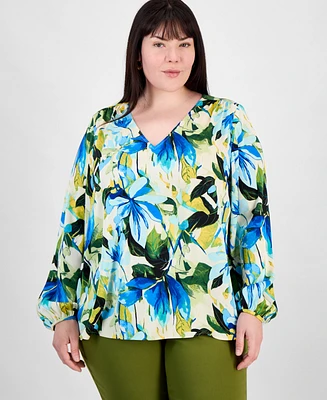 Jm Collection Plus Printed Long-Sleeve Top, Exclusively at Macy's