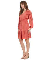 London Times Petite Smocked-Waist Ruffled-Hem Dress