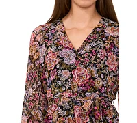 Msk Petite Floral-Print Faux-Wrap Blouson-Sleeve Dress