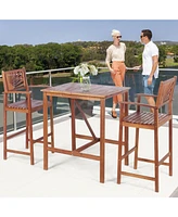 Gouun 3 Pieces Acacia Wood Patio Bar Set with Sunflower Patterned Backrest
