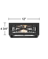 Franklin Iron Works Drake 12" Modern Industrial Flush-Mount Ceiling Light Fixture Kitchen Foyer Hallway Round 2-Light Black Clear Seeded Glass Metal B