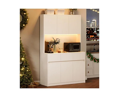 gaomon 71" Tall Kitchen Pantry Cabinet, Kitchen Hutch Storage Cabinet with Led Lights and Power Outlets, Food Pantry Cabinet with Microwave Stand