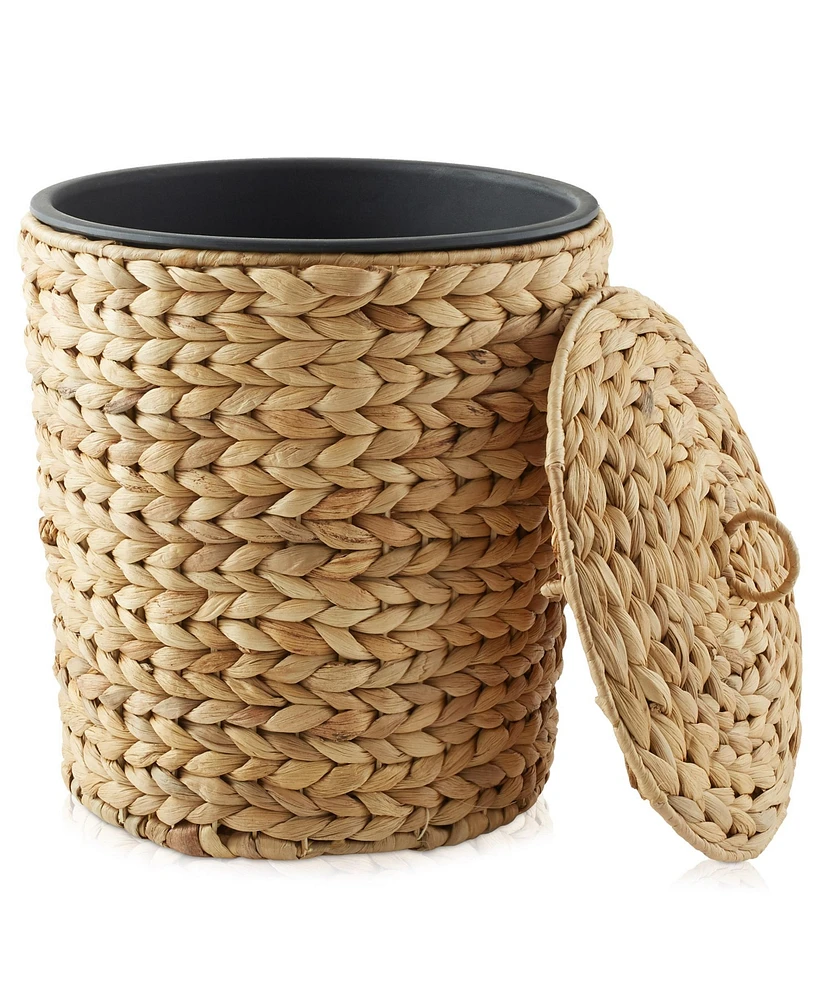 Casafield Hyacinth Trash Can with Lid and Liner - Natural, Woven Waste Basket for Garbage in the Bathroom, Bedroom, Laundry Room, Home Office