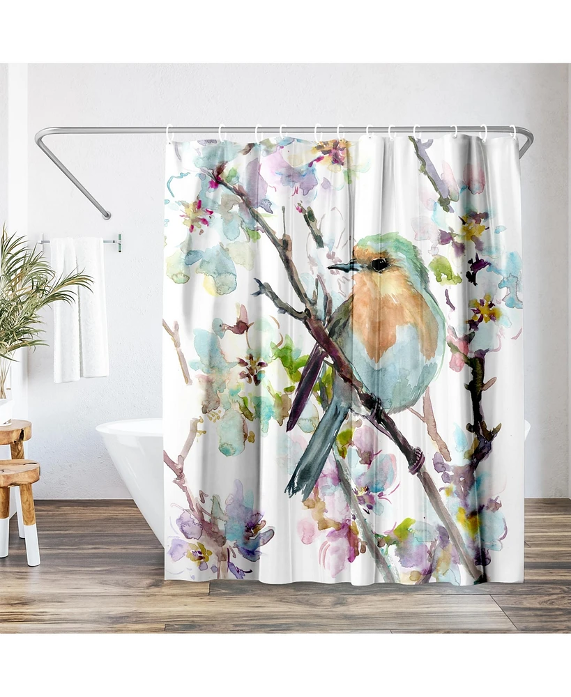 Americanflat 71x74 Robin and Apricot Tree Blossom Shower Curtain - 100% Polyester Shower Curtain