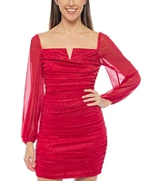 Jump Women's Glitter-Finish Ruched Sheer-Sleeve Dress