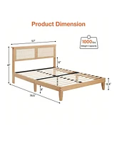 gaomon Rattan Bed Frame Queen With Natural Rattan Headboard,Queen Bed Frame With Led Lights,Rattan Queen Bed Frame With Headboard,Solid Wood Foundatio