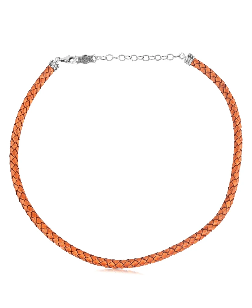 American West Jewelry Braided Genuine Antique Orange Leather Sterling Silver Necklace, 17 to 20 Inches