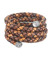 American West Jewelry Sterling Silver Multi-Color Braided Brown Leather Coil Wrap Bracelet, 24 Inches