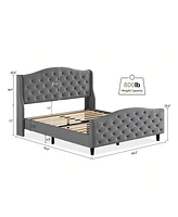 gaomon Queen/King Velvet Bed Frame With Headboard And Footboard, Tufted Wingback Headboard, Upholstered Platform Bed, Strong Wooden Slats, No Box