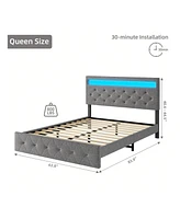 gaomon Full/Queen Size Bed Frame With Led Lights Headboard, Led Bed Frame With Fast-Charging Usb Port, Upholstered Platform Bed Frame, No Box Spring N