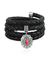 American West Jewelry Sterling Silver Red Coral Concha Braided Leather Wrap Bracelet, One Size Fits Most