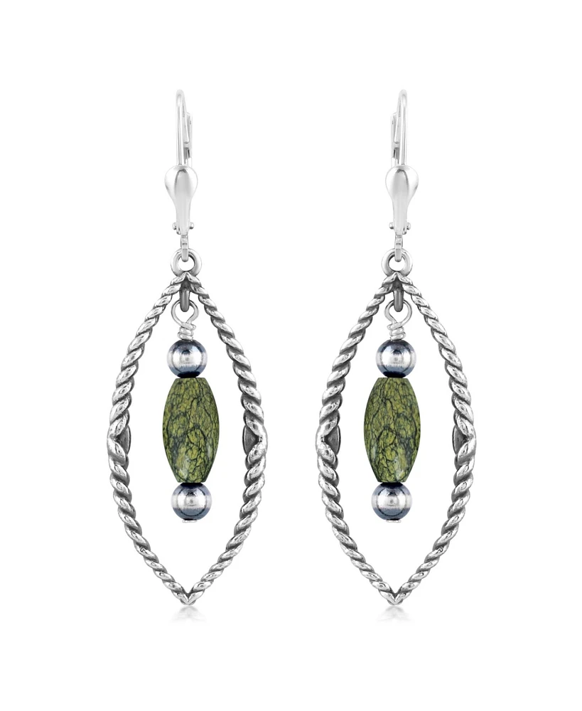 American West Jewelry Sterling Silver Marquise Green Serpentine Dangle Earrings