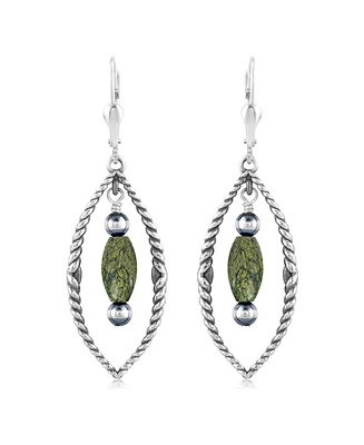 American West Jewelry Sterling Silver Marquise Green Serpentine Dangle Earrings