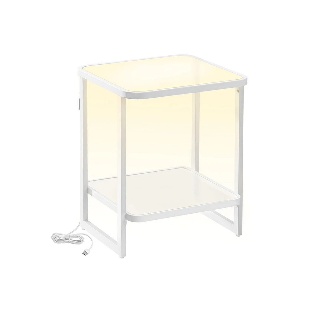 Slickblue End Table – 2-Tier Side Table with Led Lights, Modern Square Nightstand, Frosted Glass, Bottom Shelf for Living Room & Bedroom