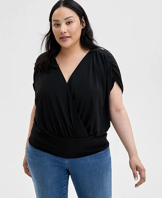 INC Plus Printed Ruched Surplice-Neck Top, Exclusively at Macy's