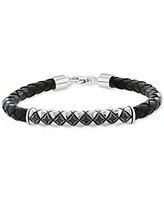 Effy Men's Black Spinel Woven Black Leather Bracelet (1/6 ct. t.w.) in Sterling Silver