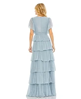 Mac Duggal Women's Flutter Sleeve Ruffle Tiered Gown