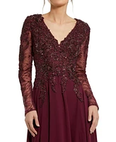 Mac Duggal Women's Embellished Illusion V Neck Long Sleeve Gown