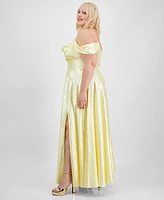 B Darlin Trendy Plus Off-The-Shoulder Satin Jacquard Gown