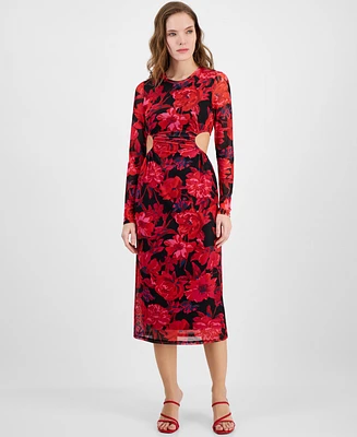 14th Place Juniors' Floral Side-Cutout Midi Dress