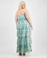 City Studios Trendy Plus Floral Embroidered Tiered Sleeveless Gown