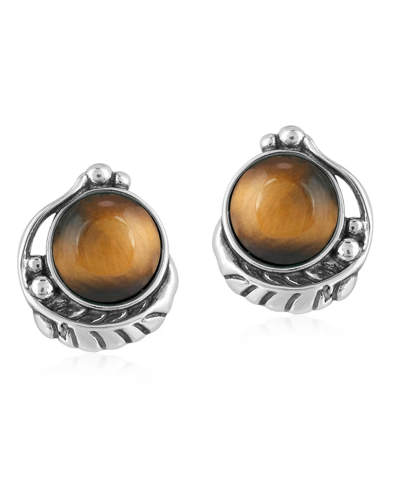 American West Jewelry Sterling Silver Tiger's Eye Gemstone Leaf Design Button Earrings