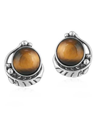 American West Jewelry Sterling Silver Tiger's Eye Gemstone Leaf Design Button Earrings